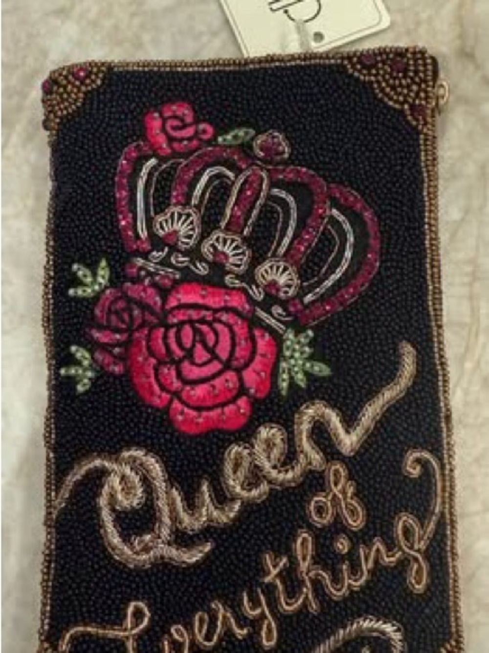 Mary Frances Embroidered Beaded Black Wristlet with Pink Rose & Crown